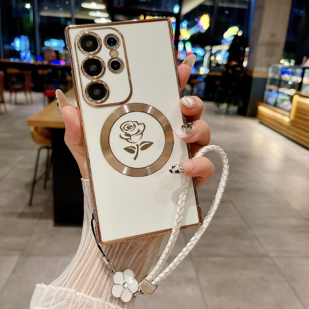 Pro Samsung Galaxy S25 Ultra Magnetické pouzdro s pleteným popruhem Růžový květ Elektroplátovaný TPU kryt na telefon