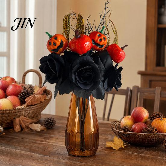 Autumn Harvest Bouquet Halloween Flowers Decorations, Black Artificial with Pumpkin Rose Eucalyptus Maple Leaf Decor Floral Stems, Indoor Branches for