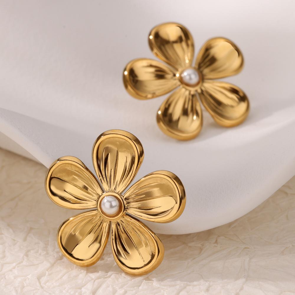 Geometric Pearl Flower Earrings For Women Gold Color Stainless Steel Flower Earring Wedding Christmas Party Jewelry Gift