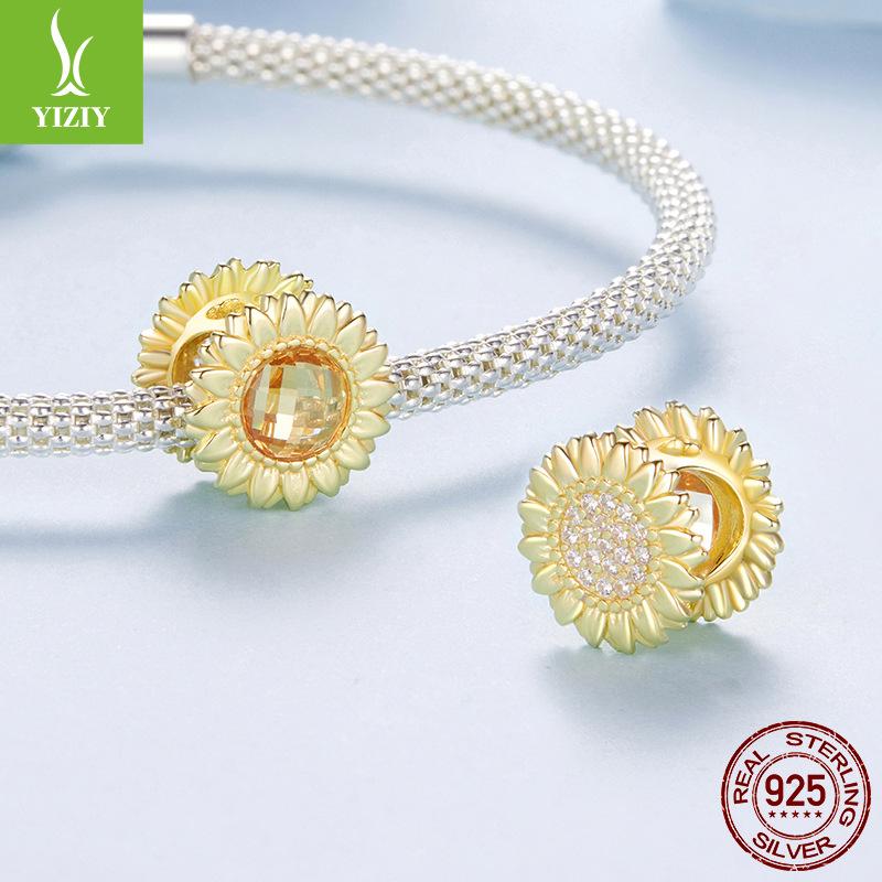 S925 Sterling Silver Plated K Gold Sunflower Beaded Sunshine Passion Sunflower Bead Accessories