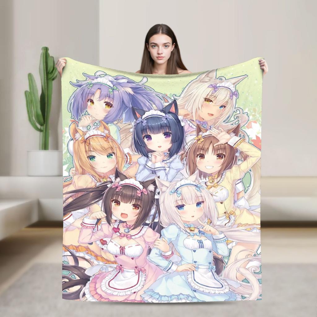 Kawaii Nekopara Anime Catgirls Blankets Fleece  Super Warm Throw Blankets for Outdoor Travel Bedroom Quilt