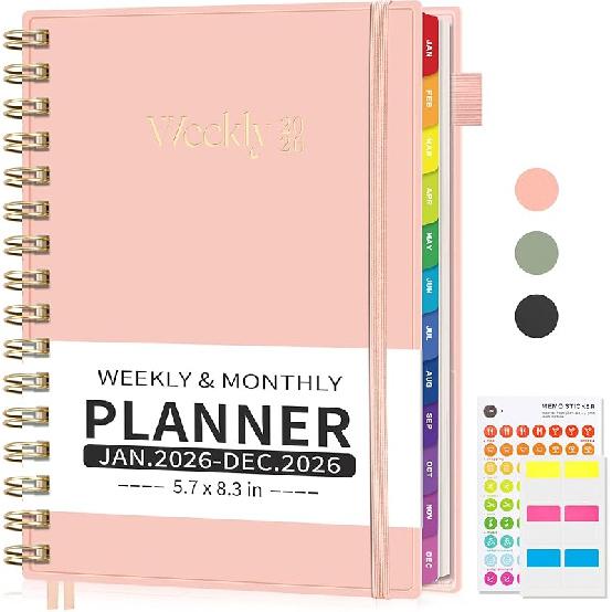 EMSHOI 2026 Planner Weekly and Monthly, Week on One Page with Notes, A5 (5.7"x8.3"), Jan-Dec 2026 Calendar Agenda with Monthly Tabs, Note Pages,