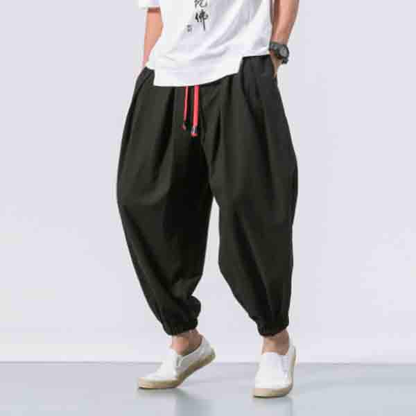 mens solid color baggy loose drawstring casual cotton harem pants