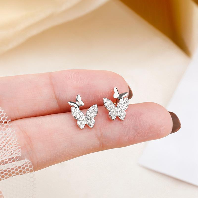 Beixi S925 Sterling Silver Butterfly Stud Earrings for Women - Mini Diamond Design for Everyday Wear