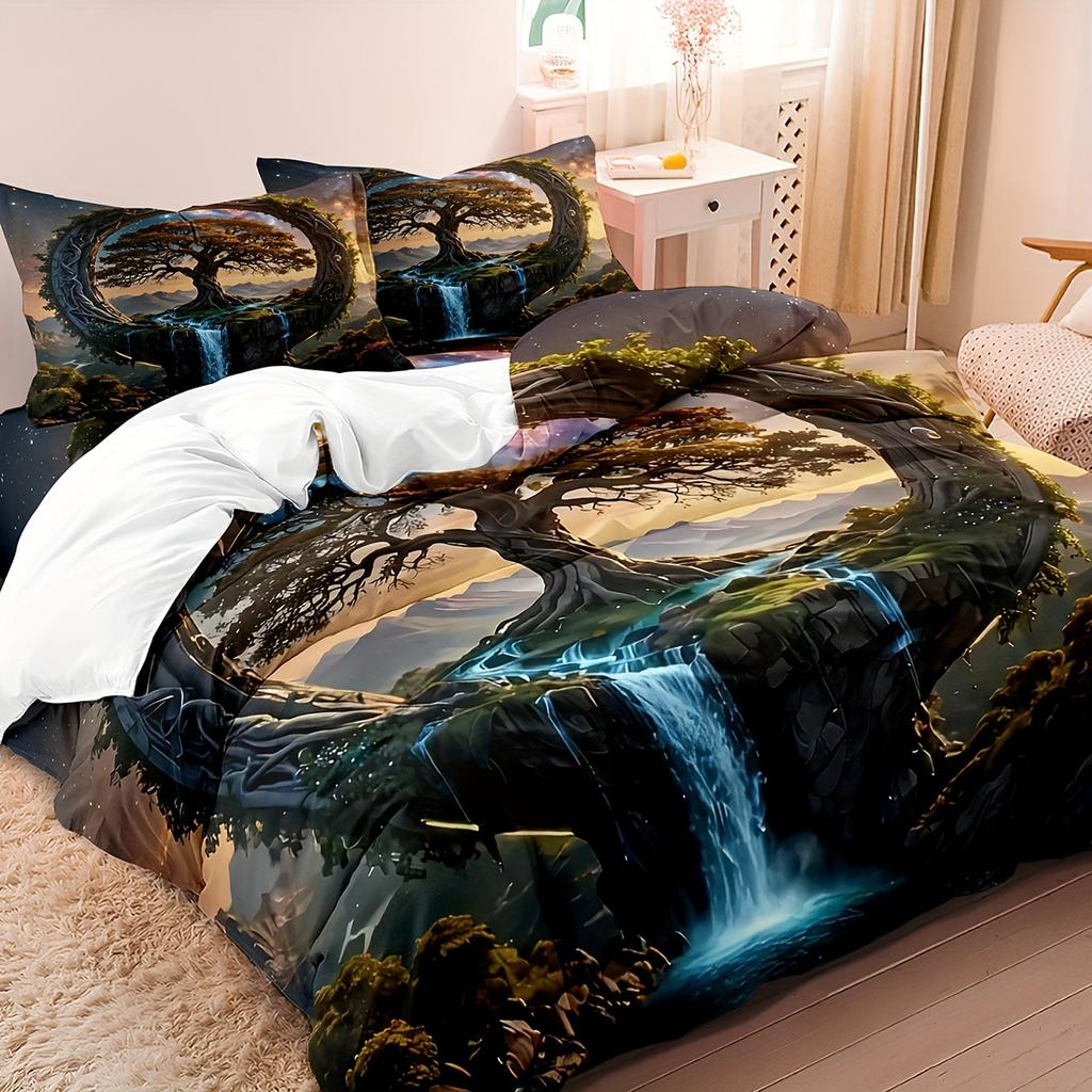 3Pcs Scenic Tree Duvet Cover Set (1 Duvet Cover, 2 Pillowcases, No Insert) - Vibrant Waterfall & Tree Landscape Print, Soft