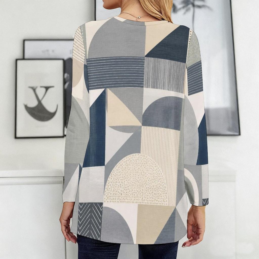 Women Plus Size Blue Pink Geometric Printed Round Neck Long Sleeve Loose Longline T Shirt With Pockets