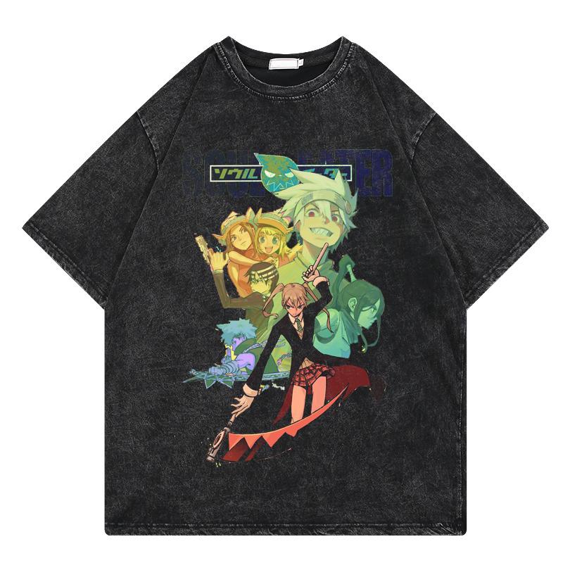 Anime Soul Eater Shirt Herren Atmungsaktiv Druck Polyester Kurzarm Vintage Gewaschenes T-Shirt Mode Harajuku Locker Y2k T-Shirts Oberteile