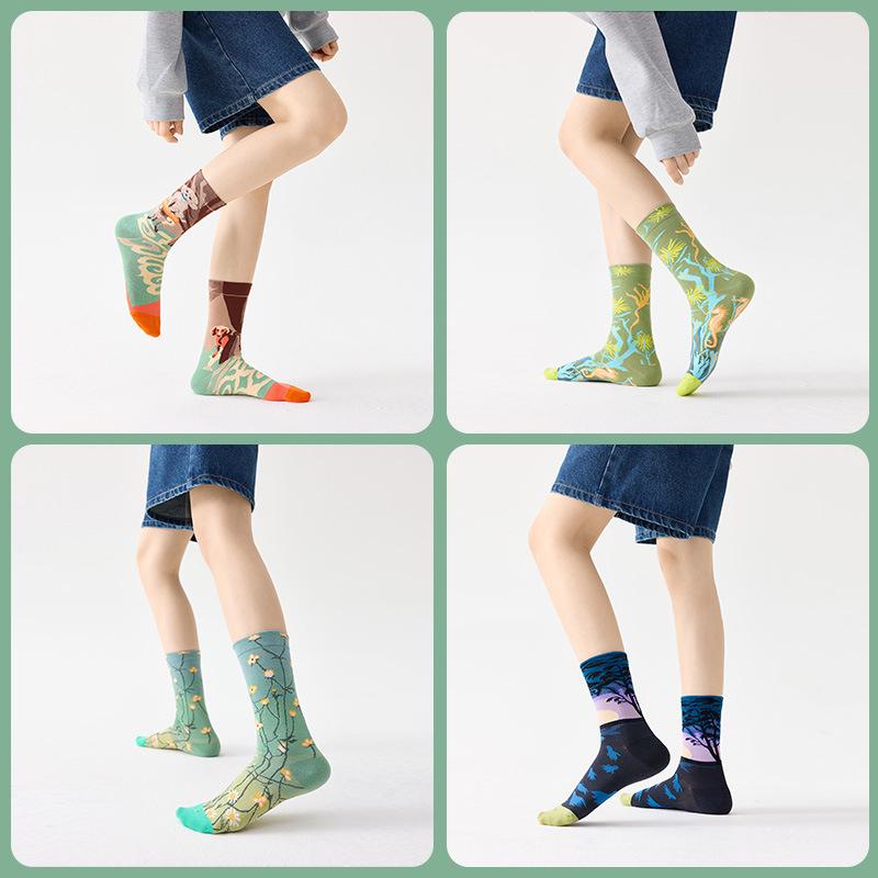 French Retro Abstract Oil Painting Mid-Calf Socks - Trendy Autumn/Winter High-Top Creative Combed Cotton for Women