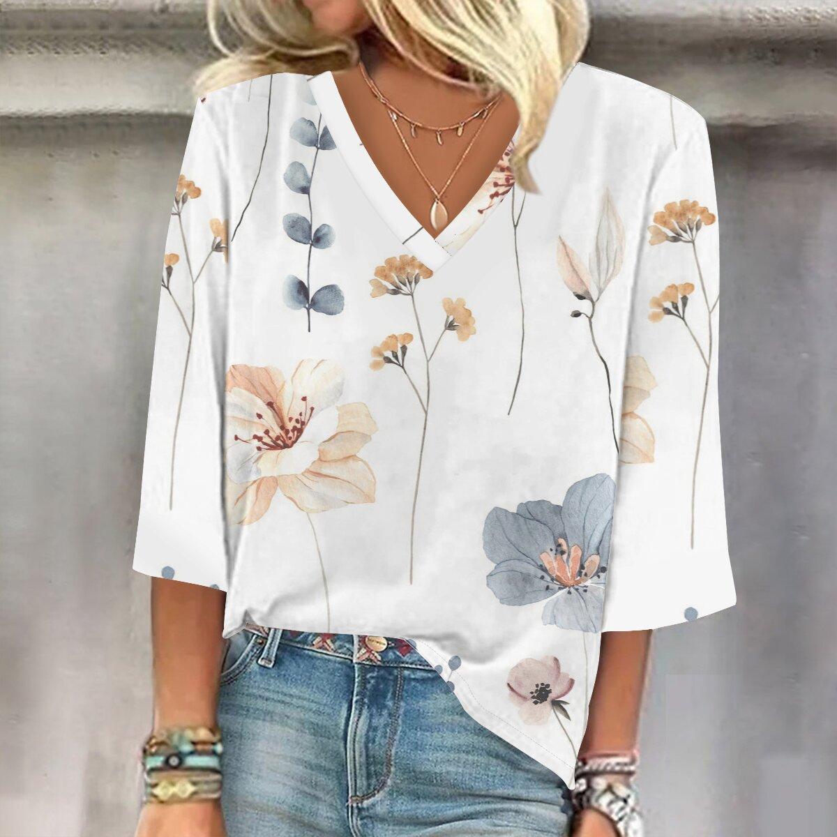 

Весна и осень 2023, новый модный женский повседневный топ с v-образным вырезом и рукавом 3/4 с принтом, размер гной