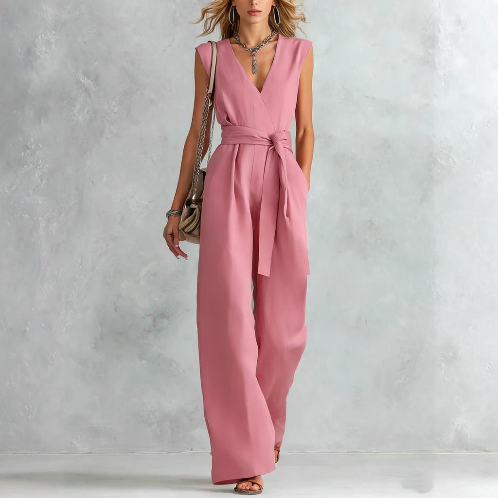 Damen V-Ausschnitt Weiter Bein Ärmellos Mit Gürtel Lang Jumpsuit