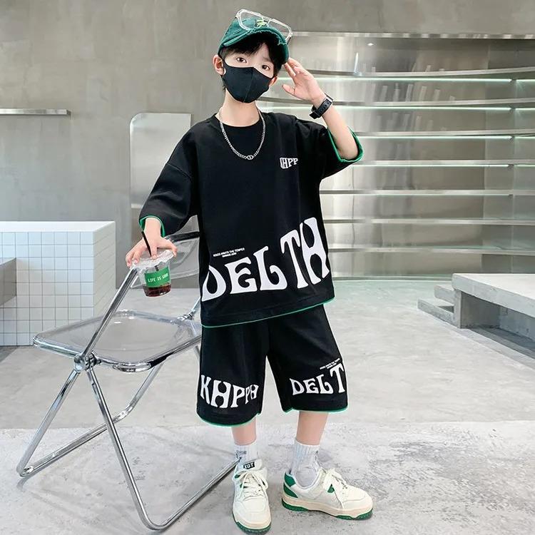 Children Summer Clothing Set for Boys Letter Print Sport Suit Kids Teenager Cotton Outfits Casual Short Sleeve Tracksuit Costume