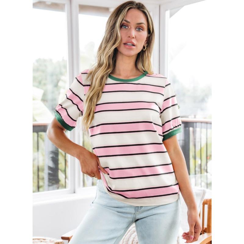 Womens Striped Contrast Color Loose Round Neck Short Sleeve Casual T Shirt