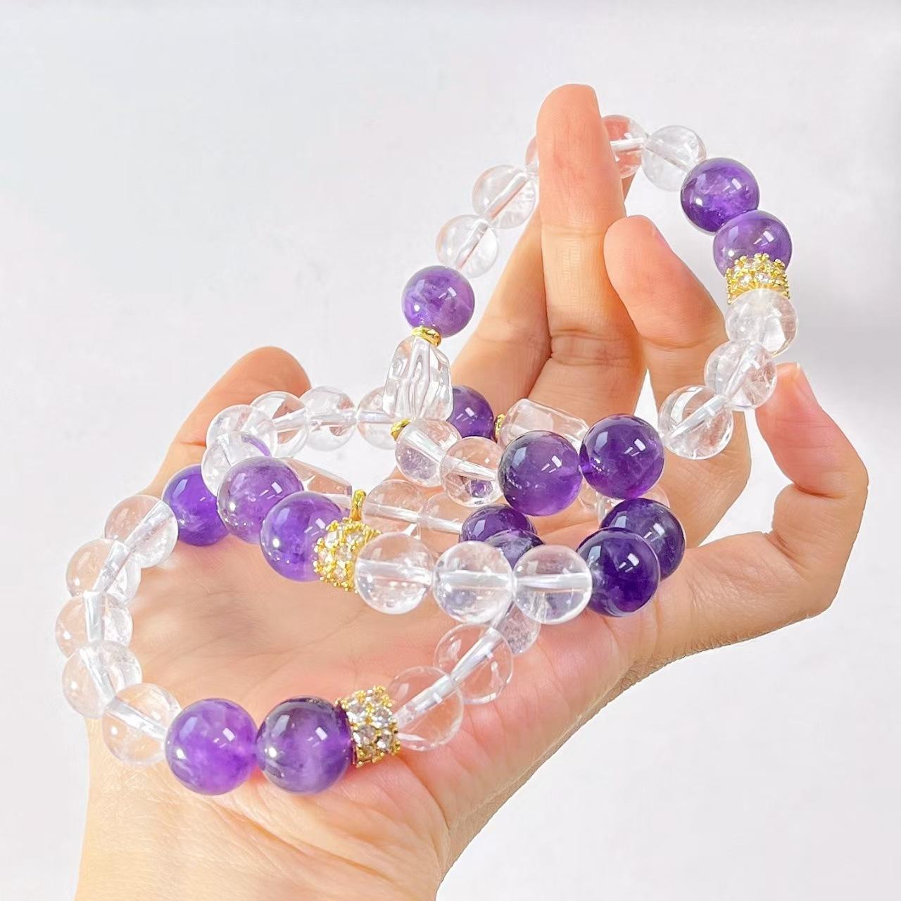 Vintage Natural 10Mm White Crystal 12Mm Amethyst Design Bracelet Bracelet
