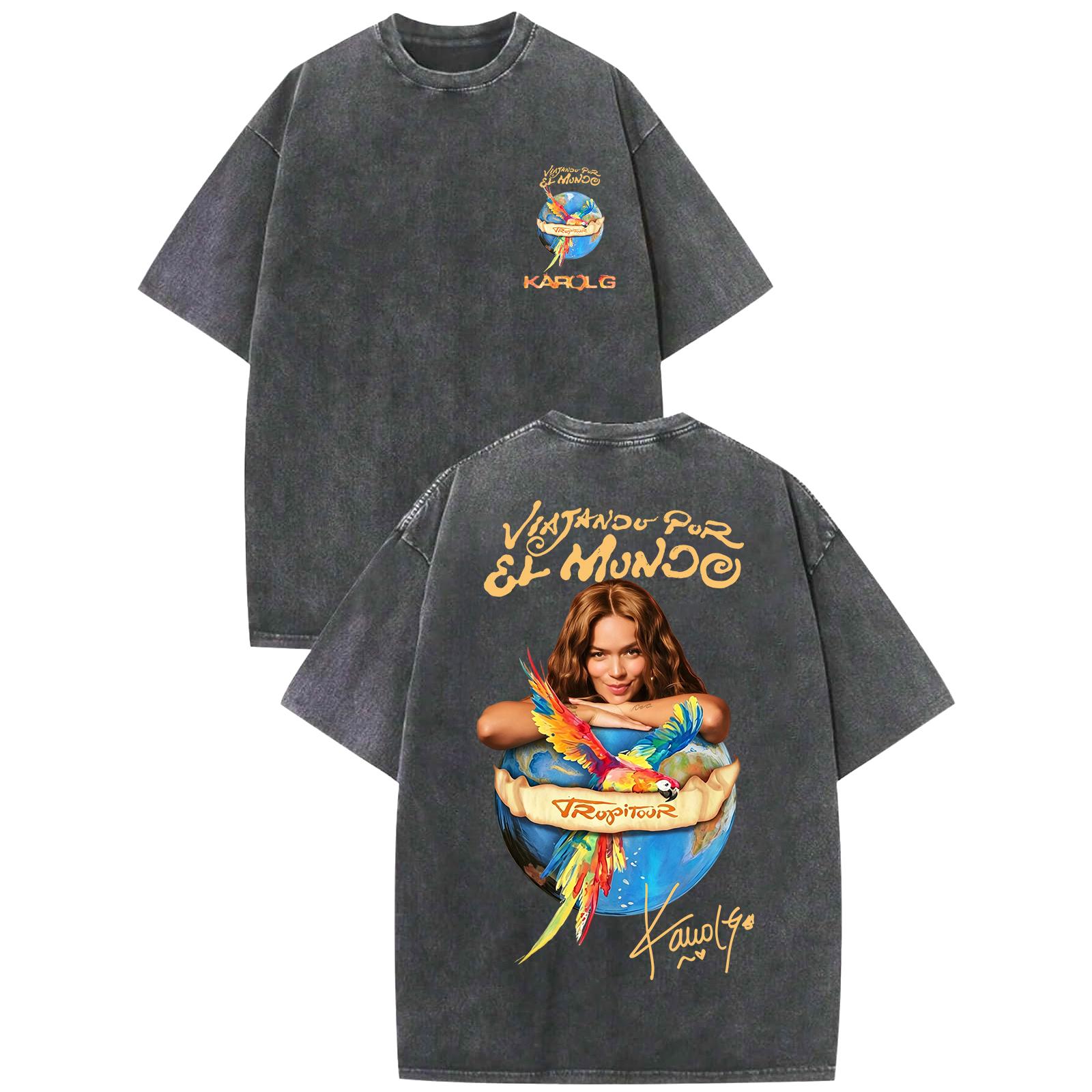 

Karol G Viajando Por El Mundo Tropi Tour Washed Cotton Tshirt Vintage Women Man ONeck Graphic T Shirts S