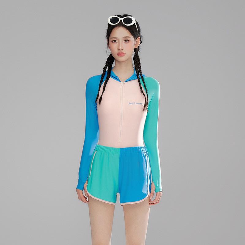 

Swimsuit Women s One-piece Conservative Sunscreen Long-sleeved Sports Shorts Surfing Suit Hot Large Size Swimming 2XL синій