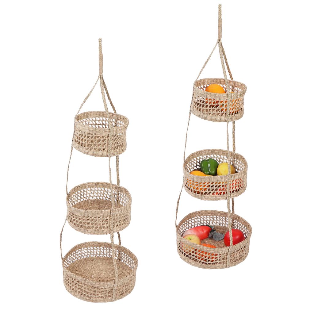 Hanging Fruit Basket Rattan 3 Tiers Multifunctional Foldable Elegant Style Easy Installation