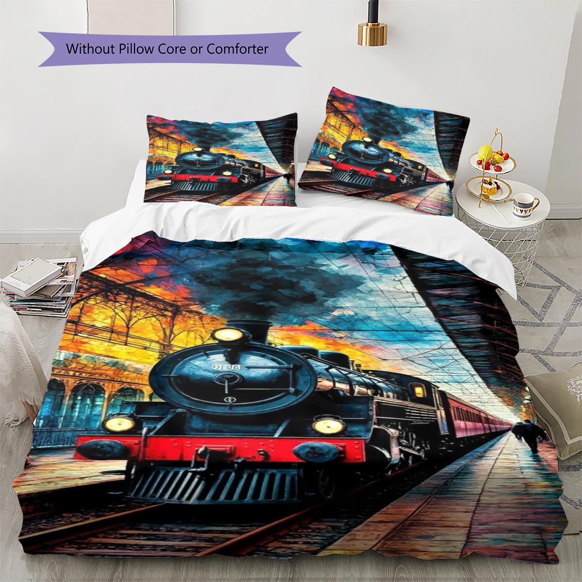 

Vintage Train Art Pattern Bedding Quilt Set Quilt Cover Pillowcase Home Decoration Gift (1 * duvet cover + 2 * pillowcase, without core) 135x200cm