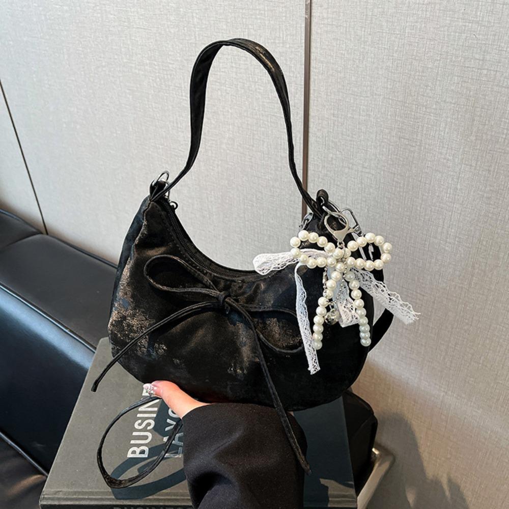 Lace Pearl Pendant Bow Shoulder Bag Large Capacity French Style Handbag PU Hobo Bag  Streetwear