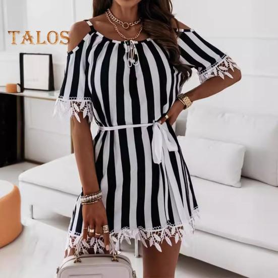 

Женское летнее платье соответствующего цвета в полоску с открытыми плечами и круглым вырезом с вышивкой в ​​виде листьев и половиной рукавов на шнуровке на талии Мини-платье для свиданий M