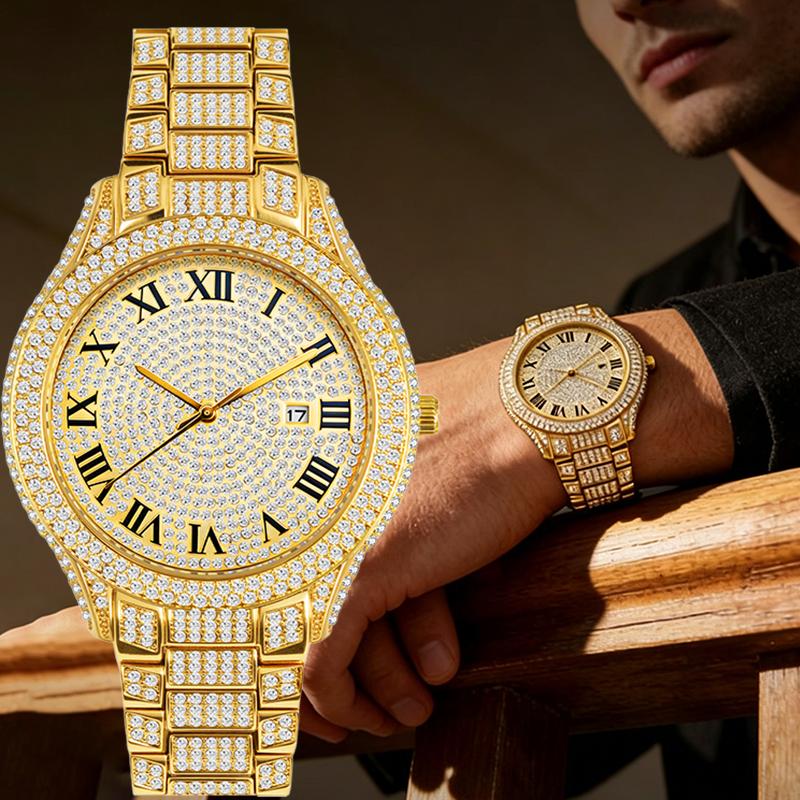 Herren Bling Uhr Vollkristall Zinklegierung Armband Täglich Wasserdicht Luxus Hip Hop Quarz Armbanduhren