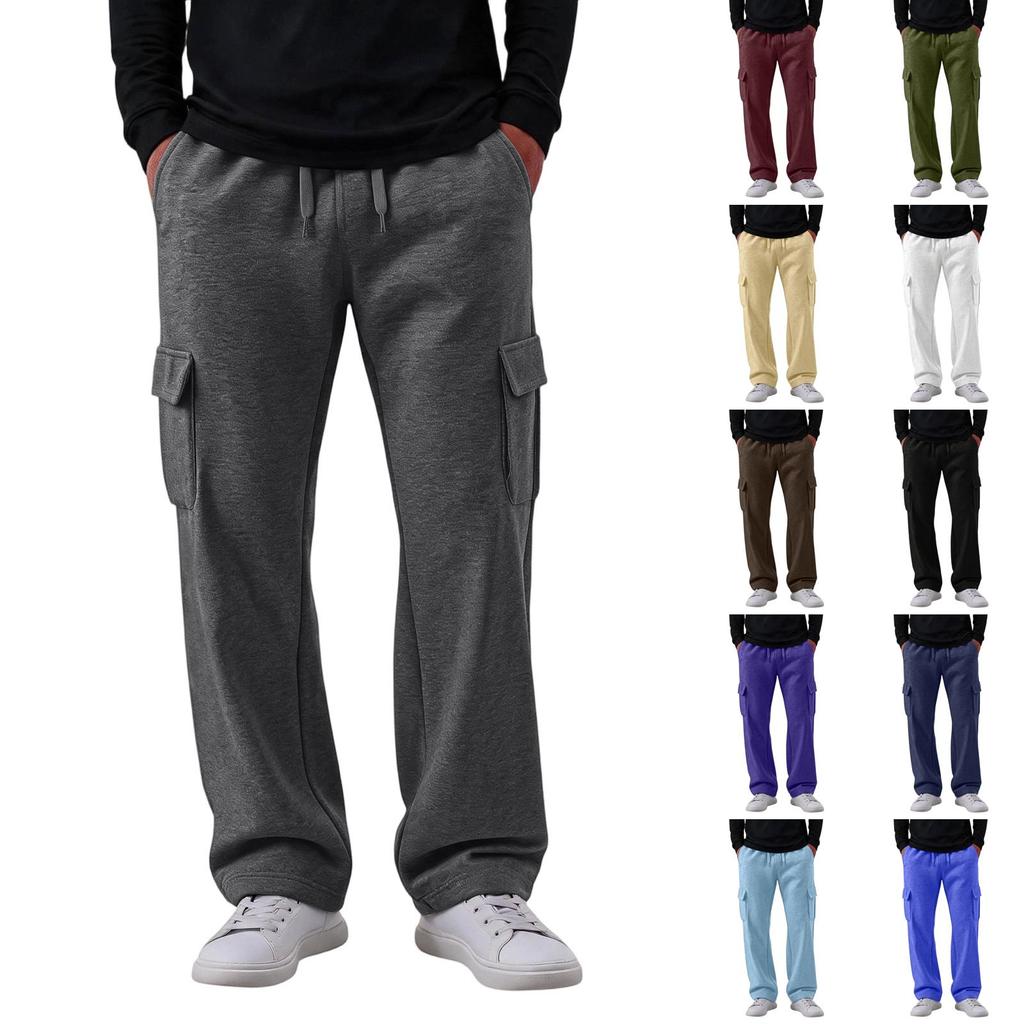 Men's Casual Cargo Pants with 4 Pockets, Elastic Waist with Drawstring, Loose Fit Straight Leg Pants for Everyday Wear
