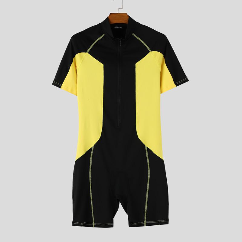INCERUN Men Short Sleeve Zip-up Stitching Biking Sports Gym Jumpsuits Fitted Rompers Underwear