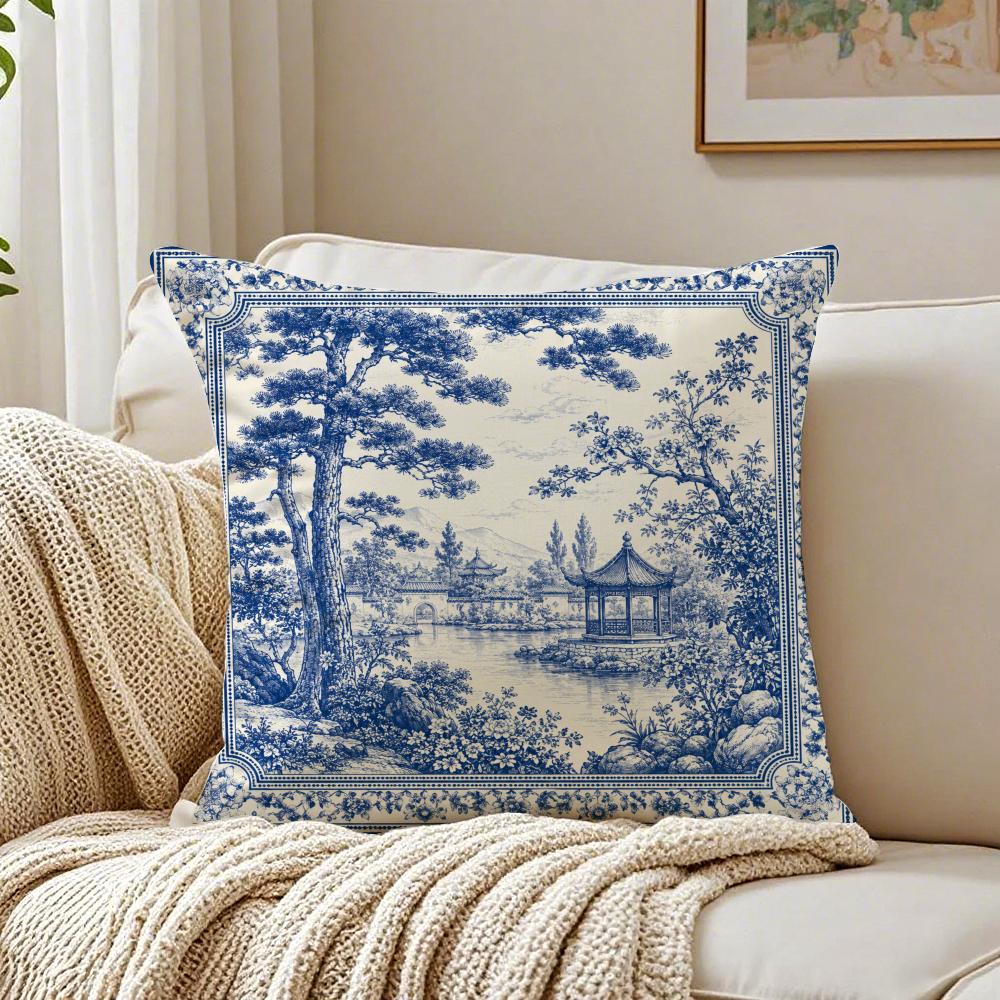 Blue White Landscape Pillow Case Organic Short Plush Cushion Covers Breathable Washable WrinkleResistant