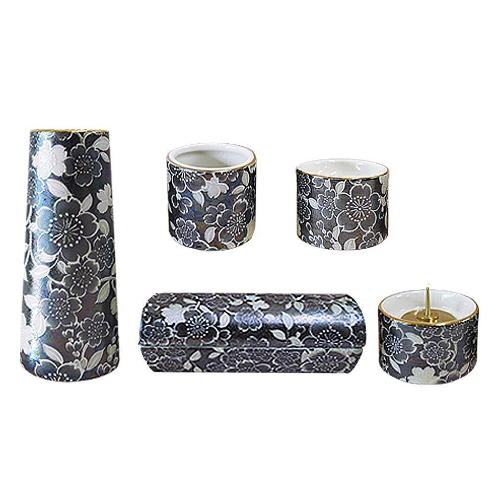 5-Piece Modern Ceramic Buddhist Altar Set "Yui Hana" (Horizontal Cylindrical Incense Burner) Black Pearl (j1272-1-2)