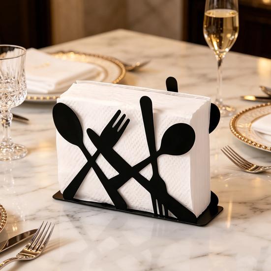 Black Cutlery Table Napkin Holder Standing Metal Fork Spoon Cutter Tissue Stand Home Kitchen Dining Table Flatware Paper Towel Dispenser Organizer