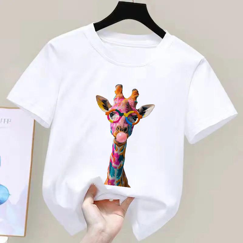 Y2k Giraffe with Gum Printed Short Sleeve T Shirts Animal Kids Childrens Tshirt Boys Girls Summer Spring Casual Top Tee Shirt