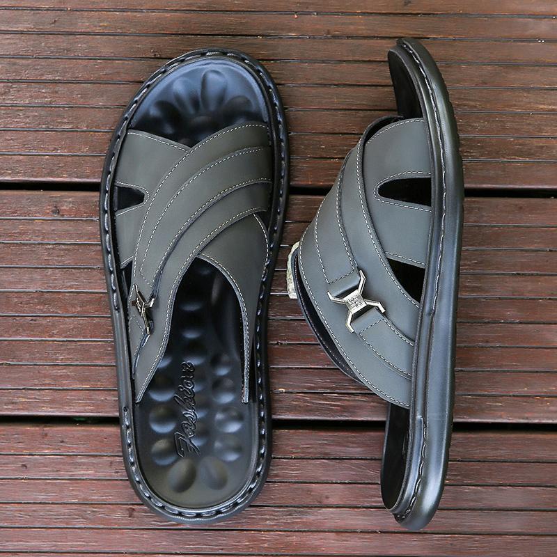 Men Black Leather Slippers Simple Flats Summer Brown Outdoor Roman Sandals Outdoor Beach Shoes Over Sized