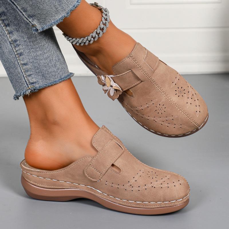 Women's Low Heels Slippers Summer Round Head Deep Mouth Flower Car Sewing Soft Soled Non-slip Wear-resistant Flat Shoes