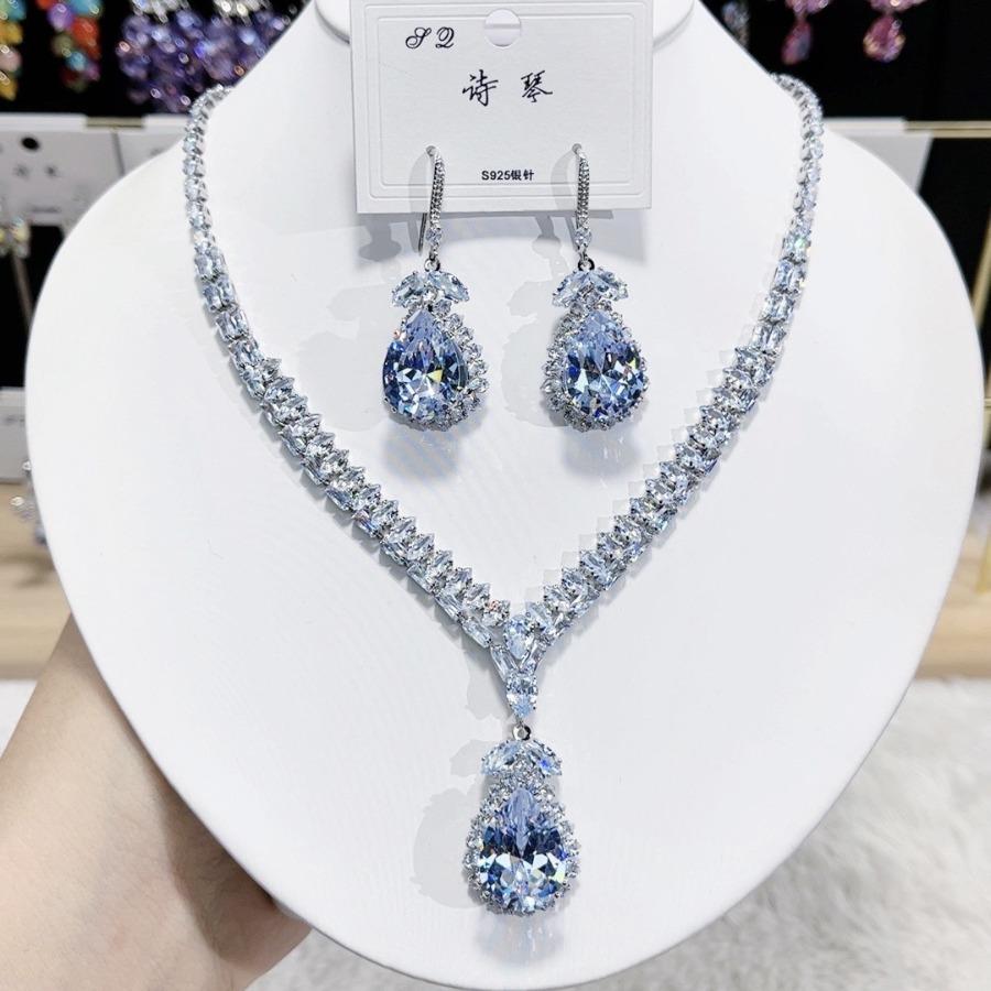Women Fashion Trend Zircon Luxury Necklace Earrings Blue Drop Set 2025