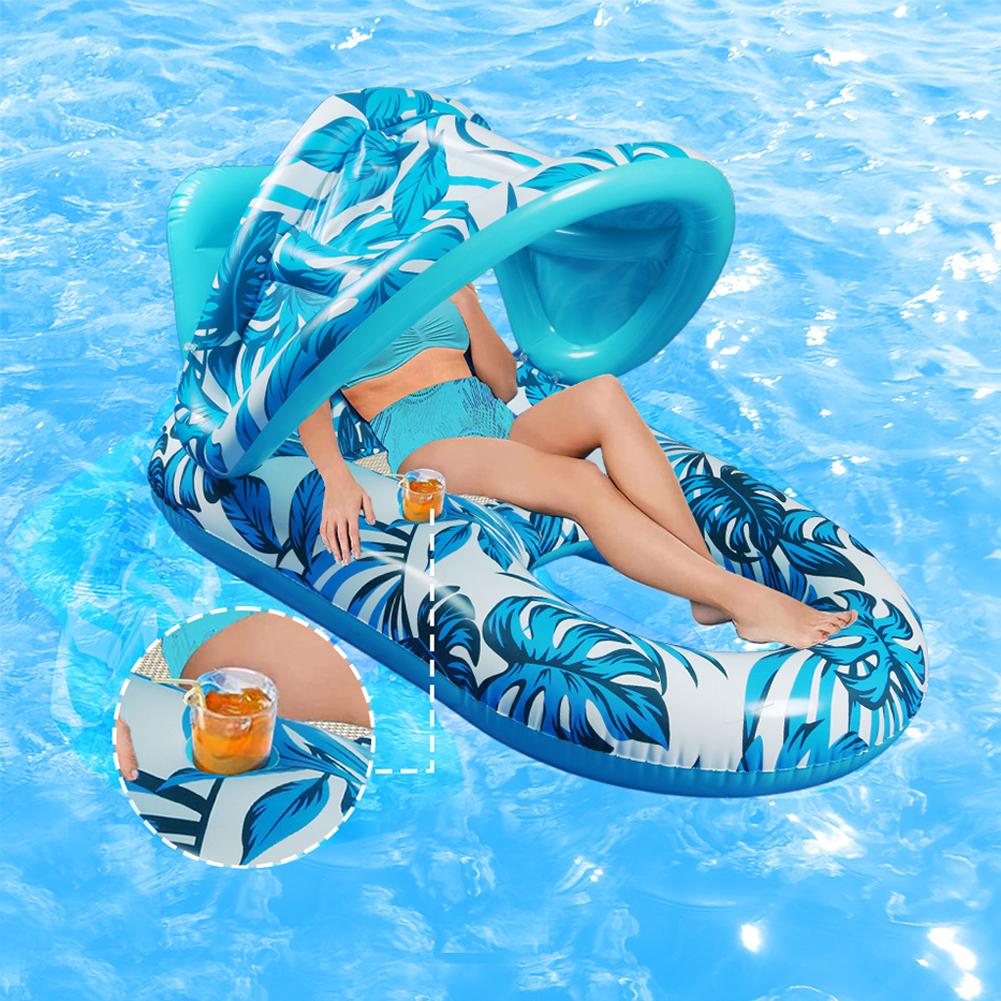 PVC Inflatable Floating Bed with Sunshade Inflatable Water Sleeping Bed Floating Lounger Air Mattress for Pool Party Water Toys