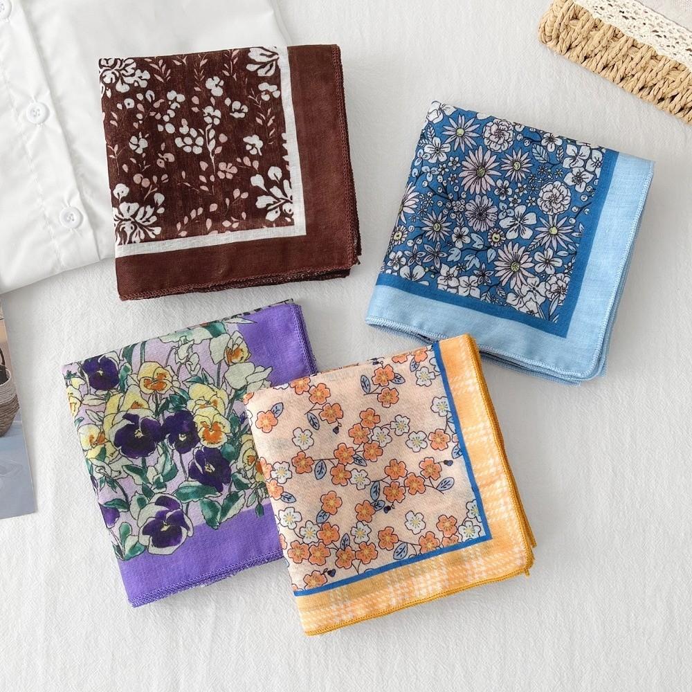 Square Printed Silk Scarf Pastoral Style Floral Kerchief Headband Cotton Linen Square Scarf  Female