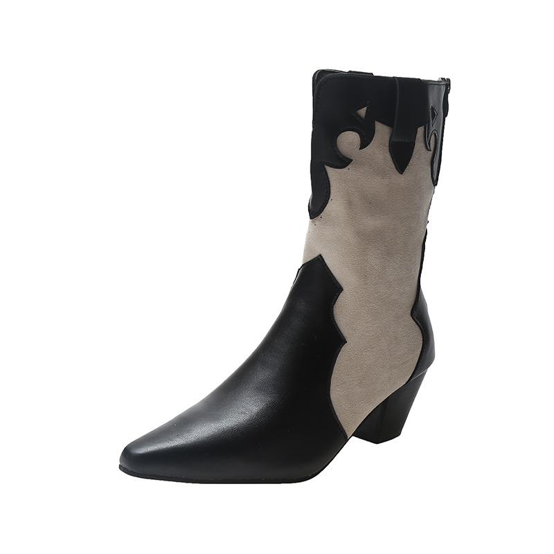 Female Autumn White Cowboy Vintage Western Ankle Short Cowgirl Boots Retro High top Shoes With Heel for Women Girl  Cossacks