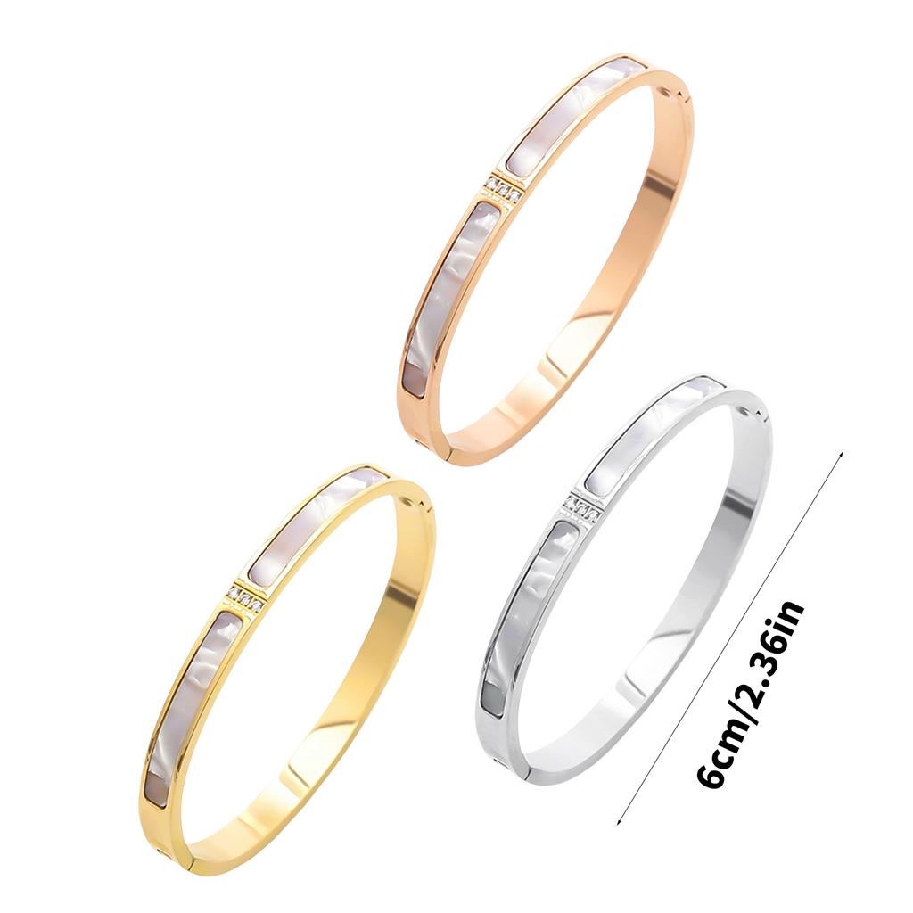 Alloy Bangle With 3 Shining Diamonds and White Shell Accent Fashion Accessory for Stylish Everyday Jewelry Pieces