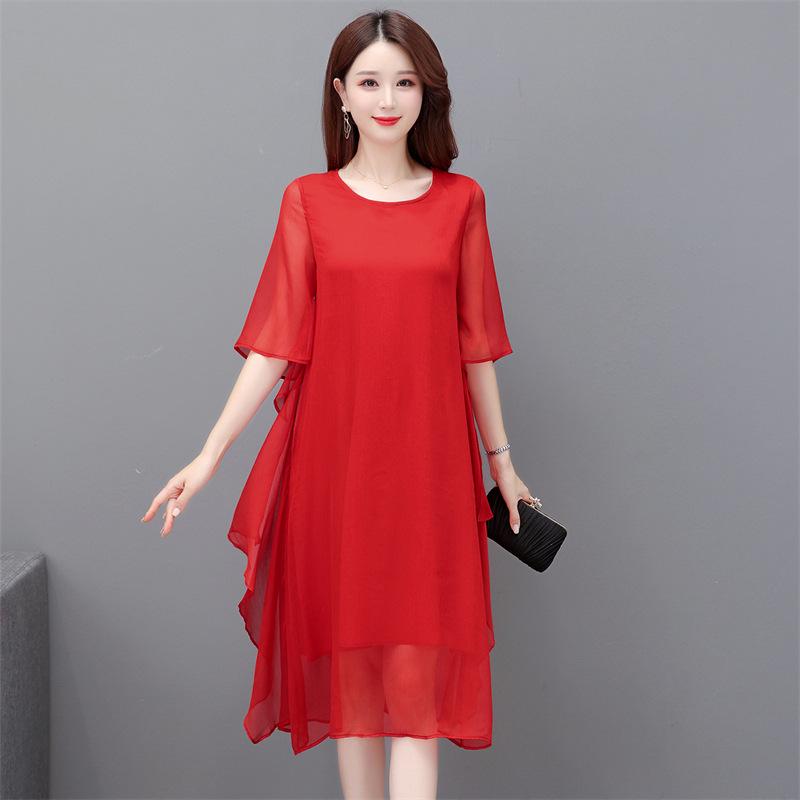 Women's Summer 2023 Silk Crepe A-line Dress: Mid-length, Solid Color, Loose Fit, Tummy-Covering, Fashionable and Elegant.