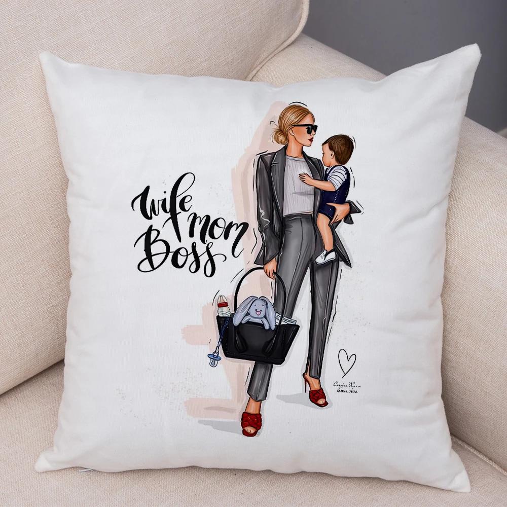 Beautiful Super Mother and Baby Pillow Case  Decor Cartoon Women Cushion Cover for Sofa Home Short Plush Pillowcase 45x45cm
