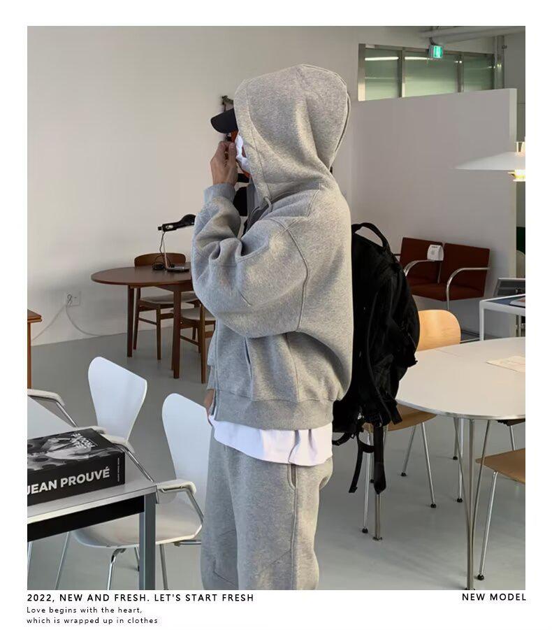 Men's Heavyweight Korean Style Loose Solid Color Hooded Cardigan with Double Zipper
