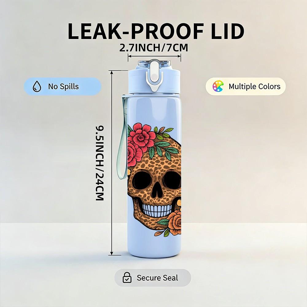 1PC Vintage Rose Skull 750ml Color Plastic Sports Water Bottle Leakproof Flip Straw Lid Suitable for Sports Office Home Use