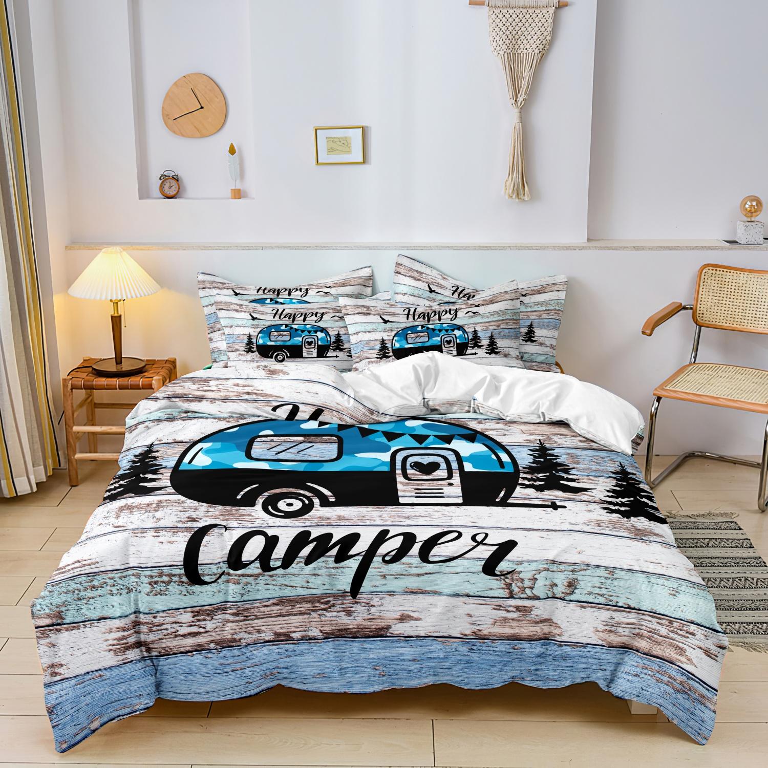3pcs Vintage Camper Trailer Comforter Cover Set, Blue Wood Grain Print Bedding,Suitable For Family Bedrooms And Dormitories 135x200cm