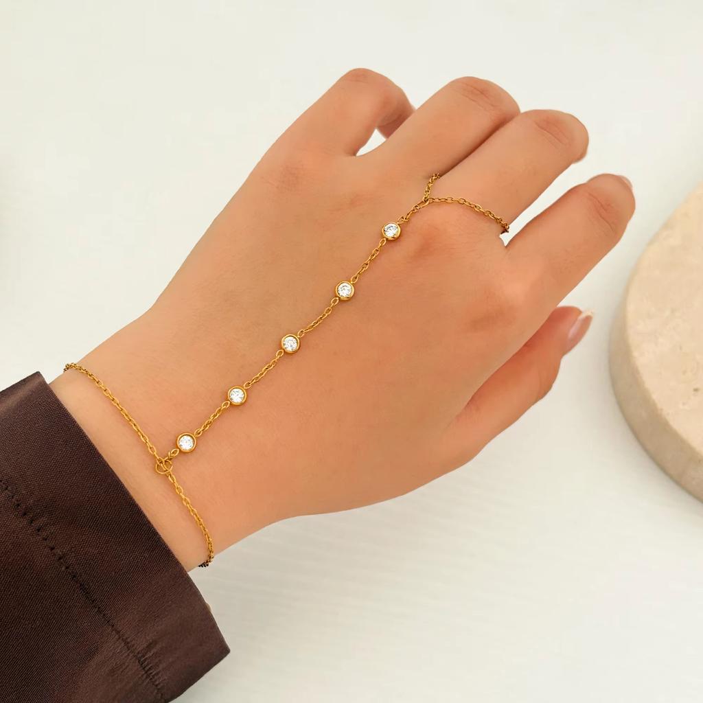 Stainless Steel 18k Gold Plated Sparkling Round Zircon Chains Y-Shaped Ring Bracelets for Women Tarnish Free Waterproof Jewelry