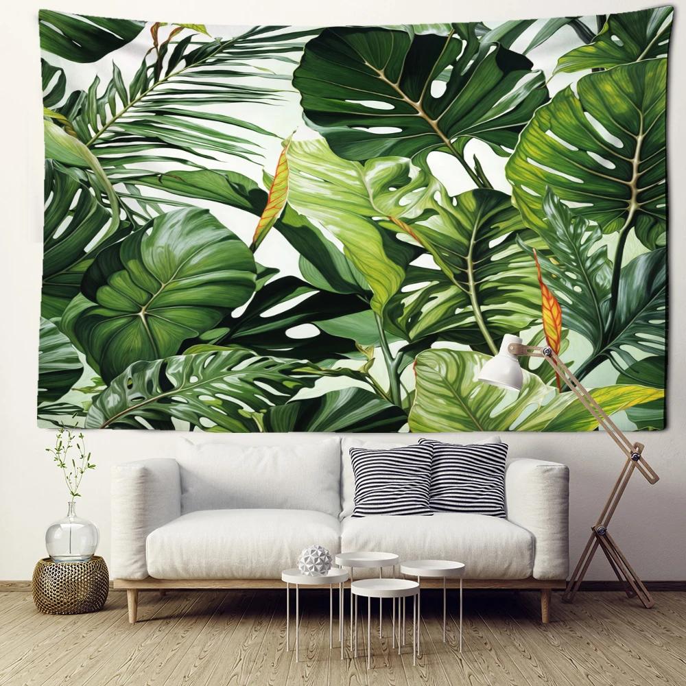 Green Palm Leaf Tapestry Wall Hanging Tropical Plants Simple Art Bohemian Hippie Bedroom Living Room Home Decor