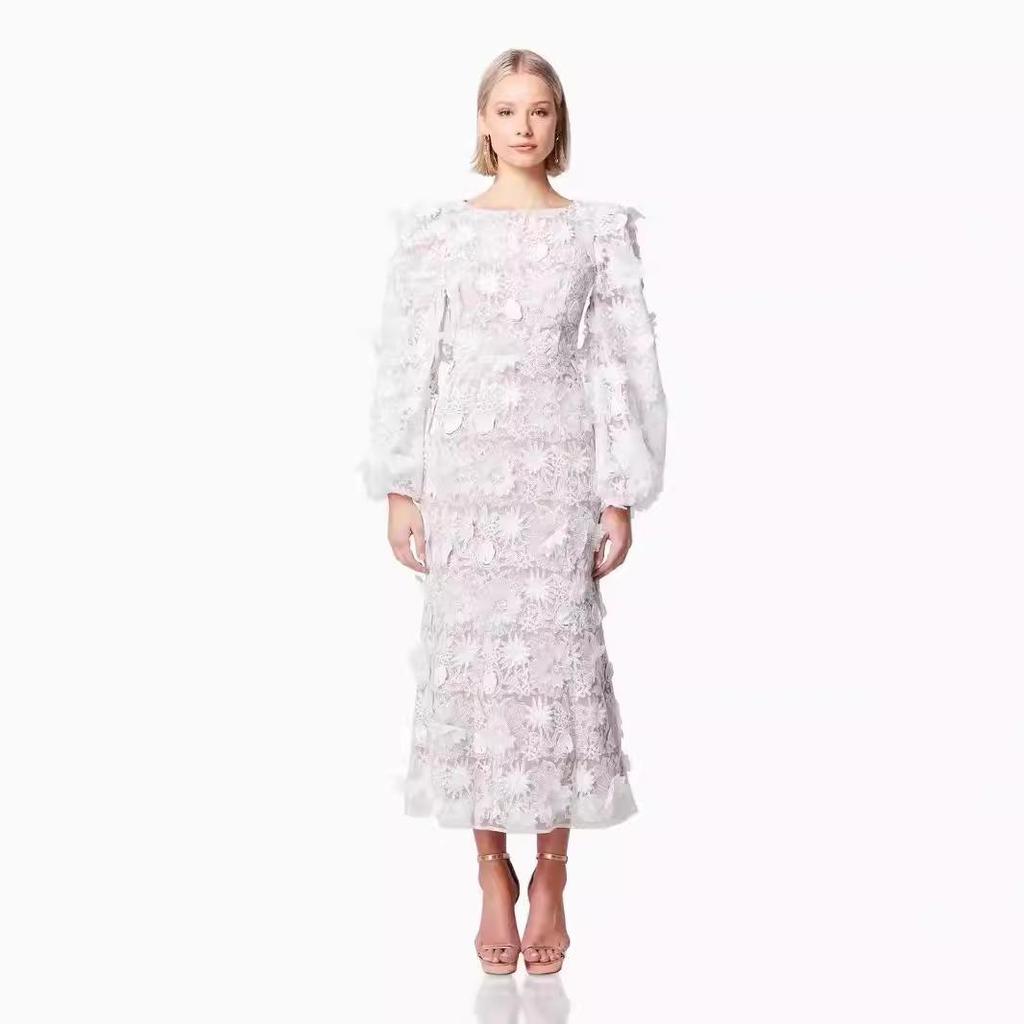 Australian Summer 2024 Floral Round Neck Hollow Waist Long Dress for Women