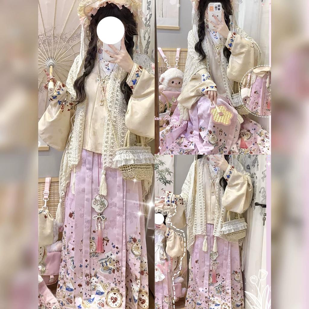 Women's Modernized Ming Dynasty Hanfu Set, Lolita Style Ma Mian Skirt Outfit For Daily Wear