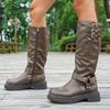 Mode Vintage Übergröße 36-42 Gürtelschnalle Ritterstiefel Damen 2025 Herbst Neu Runde Spitze Britischer Stil Botas Largas Mujer Schwarz PU