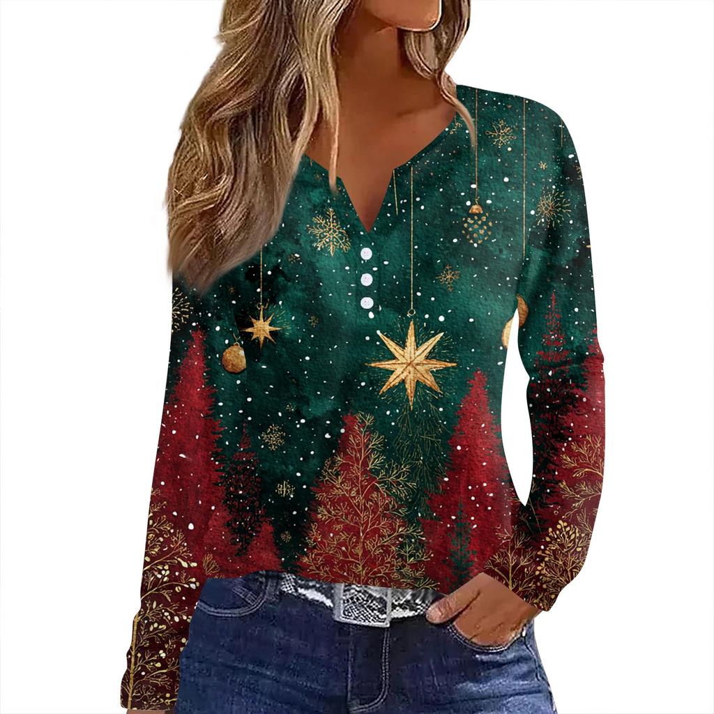 Damen T-Shirt mit Weihnachtsdruck, Knopfleiste, lange Ärmel, für den Alltag, Wochenende, modisch, Basic, V-Ausschnitt, normales Oberteil
