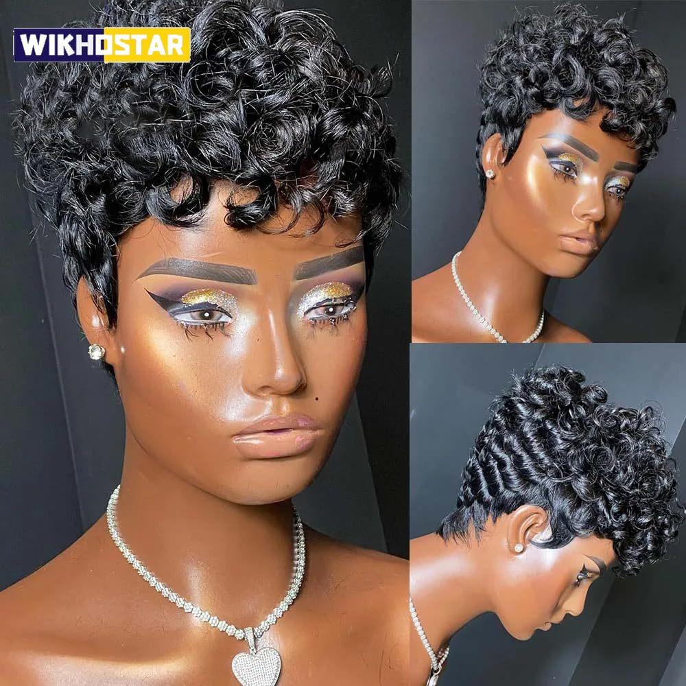 hort Pixie Wigs for Black Women Short Black Curly Pixie Wigs Synthetic Hair Wigs for Black Women Natural Wavy Black