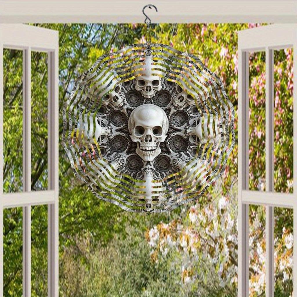 Large 3D Metal Skull Wind Chime – Artistic Kinetic Garden Decor with Swirl Design, Reflective Outdoor Ornament for Patioeco